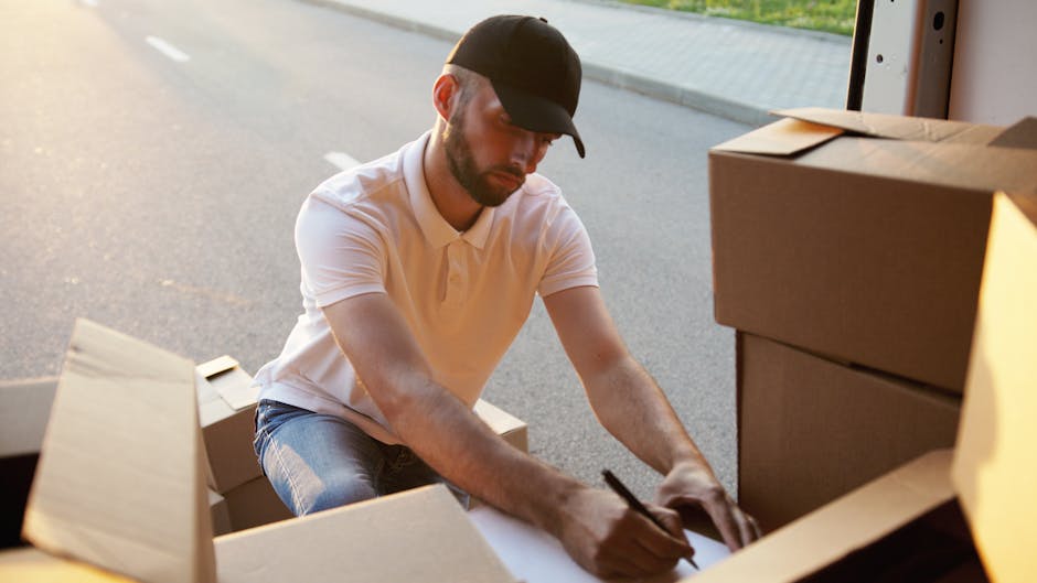 A young man with a serious expression, wearing a black cap and a white short-sleeved shirt, stands with arms crossed in front of an open moving van filled with packed cardboard boxes and wrapped furni